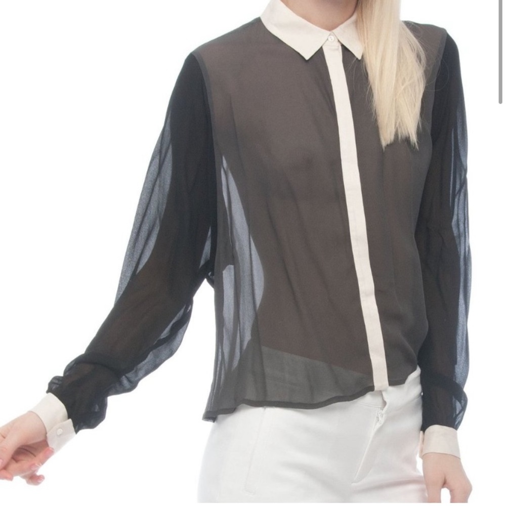 ADDISON sheer black-grey blouse with shirt collar, size small